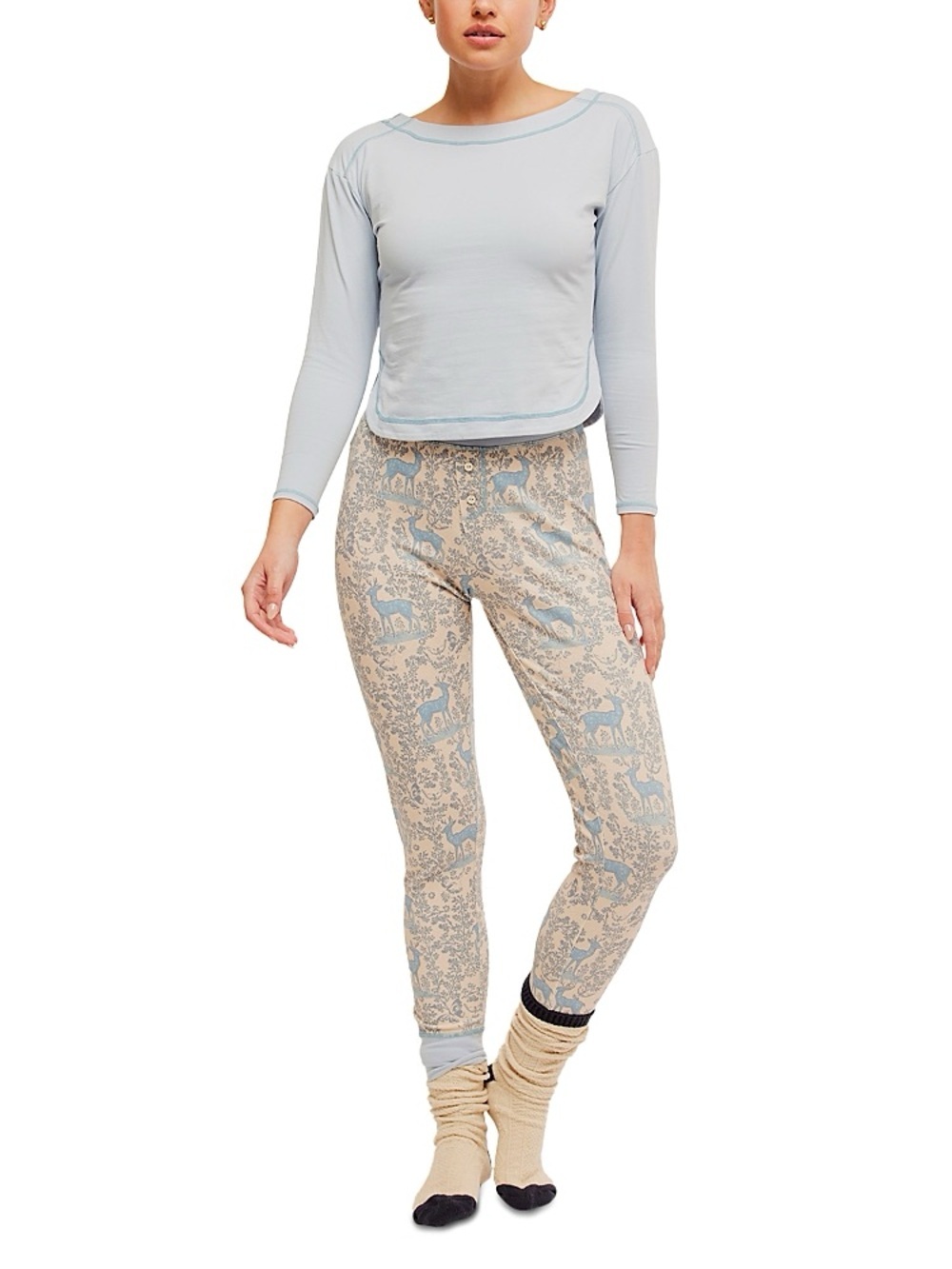 NWOT Free People Chill Evening Knit Pajamas Blue Multi Casual Sleep Women’s XL
